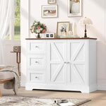 Farmhouse Sideboard Storage cabinet in white with rustic wood top, featuring doors and drawers for organization.