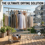Double Rail Clothes Rack with Shoe Shelf showcasing dual hanging bars, lower shelf, and heavy-duty caster wheels.