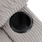 Close-up of the cup holder in the Corduroy Recliner Chair, highlighting its convenient design for drinks.