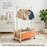 Steel Clothing Rack with shelves for children's clothing and storage, featuring casters for easy mobility.