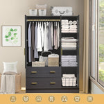 Clothing storage wardrobe with clothes, bags, and baskets inside a room.