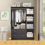 Clothing storage wardrobe with clothes, bags, and baskets inside a room.