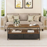 Wood-look coffee table with fabric drawers and metal frame