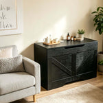 Rustic Wooden Storage bench in a cozy living room setup with tea and decor items.