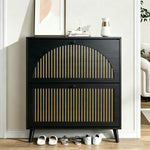 2-Door Flip Shoe Cabinet with gold-tone vertical trim, holding shoes, styled in a modern entryway.
