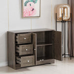 Farmhouse Sideboard Storage cabinet with three drawers and open shelving, ideal for dining room or kitchen organization.