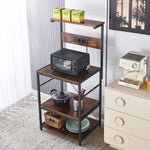 3-Tier Bakers Rack with built-in power outlets and USB port, featuring microwave and kitchen organization.