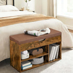 Rustic Shoe Storage Bench with Cushion placed in a bedroom, featuring a padded top and open shelves for storage.
