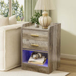 Modern LED Pedestal with Open Shelf - Set of 2, stylish bedside table with ambient lighting and storage drawers.