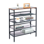 5-Tier Industrial Shoe Rack with rustic wood top, showing adjustable shelves and storage for shoes and decor.