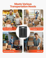 Foldable Hand Truck with 6 wheels shown in various transportation uses: home shopping, luggage transport, warehouse moving, office use.