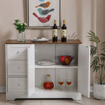 Farmhouse Sideboard Storage Cabinet with open doors, displaying wine bottles and decorative items on top.