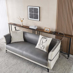 Narrow Sofa Table with Charging Station placed behind a modern couch in a stylish living room setting.