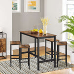 Bar Table and Stools Set showcasing rustic industrial design in a stylish dining area with natural light.