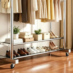 Double Rail Clothes Rack with Shoe Shelf showcasing neatly organized shoes and clothing.