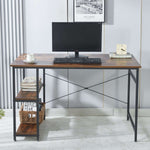 Front view of rustic brown 120cm desk with monitor, side shelves and cross-braced frame