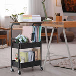 3-Tier Rolling Storage Cart with Wood Top next to a desk, holding books and flowers in a stylish home office setting.