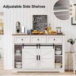 Farmhouse Wine Bar Cabinet with adjustable side shelves, featuring a crisp white finish and rustic wood top, ideal for various uses.