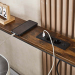 Narrow Sofa Table with Charging Station showing charging ports and mobile phone on wood surface.