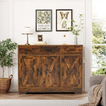 Farmhouse Buffet Sideboard cabinet with rustic design, showcasing antique wood finish and charming decor accents.