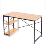 Light wood 120cm desk with two open storage shelves and black cross-braced metal frame