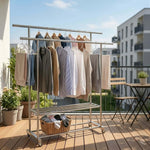 Double Rail Clothes Rack with Shoe Shelf displaying organized garments on balcony
