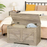 Rustic Wooden Storage bench open with plush toy inside, perfect for bedroom organization and clutter hiding.