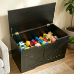 Rustic Wooden Storage bench filled with toys, perfect for organizing and decluttering any space.