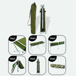 Heavy-Duty Portable Folding Camping Stretcher assembly steps shown in six images.