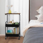 3-Tier Rolling Storage Cart with Wood Top in a stylish bedroom setting, showcasing efficient organization.