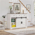 Farmhouse Wine Bar Cabinet with white finish and rustic wood top in modern living room setting.
