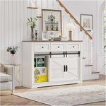 Farmhouse Wine Bar Cabinet with white finish and rustic wood top in modern living room setting.