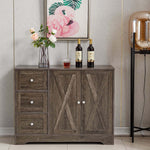 Farmhouse Sideboard Storage cabinet with drawers and doors, styled with flowers and wine bottles, rustic design.