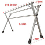 Foldable Clothes Rail dimensions showing steel X-frame design, adjustable height 140-160cm, stable base, and compact storage.