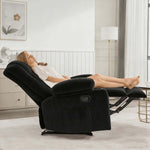 Woman reclining in a Corduroy Recliner Chair with cup holders, enjoying comfort in a stylish living room.