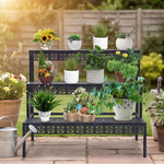 Three-tier black plant display rack filled with pots in a sunny garden setting