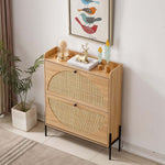 Rattan Flip-Top Shoe Cabinet with two drawers and decorative top, perfect for an organized entryway.