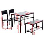 4-piece dining table set with bench dimensions and design, featuring two chairs, a bench, and metal storage racks.