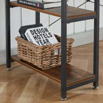 Close-up of two-tier desk storage shelves, metal frame and adjustable feet