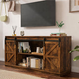 Farmhouse Sliding TV Stand featuring rustic charm and modern functionality in a stylish living room setting.