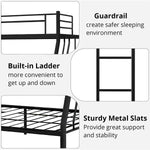 Close-up details of bunk bed guardrails, built-in ladder and metal mattress slats