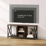 X-frame TV stand detail showing adjustable feet and iron frame structure