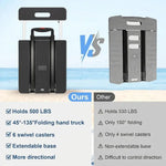 Comparison of Foldable Hand Truck with 6 wheels, holding 500 lbs vs other folding hand trucks, showcasing features and benefits.