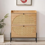 Rattan Flip-Top Shoe Cabinet with two drawers for organized shoe storage and a console top for decor.