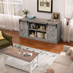 Farmhouse Sliding TV Stand in a cozy living room, featuring rustic design and spacious shelving for books and decor.