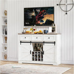 Farmhouse Wine Bar Cabinet with rustic wood top and storage for wine and beverages, styled in a modern living room.