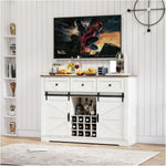 Farmhouse Wine Bar Cabinet with rustic wood top and storage for wine and beverages, styled in a modern living room.