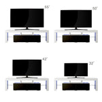 White and black TV stand shown with 32, 42, 50 and 55 inch televisions