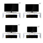 White and black TV stand shown with 32, 42, 50 and 55 inch televisions