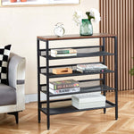 5-Tier Industrial Shoe Rack with rustic wood top and adjustable mesh shelves for shoes and decor.